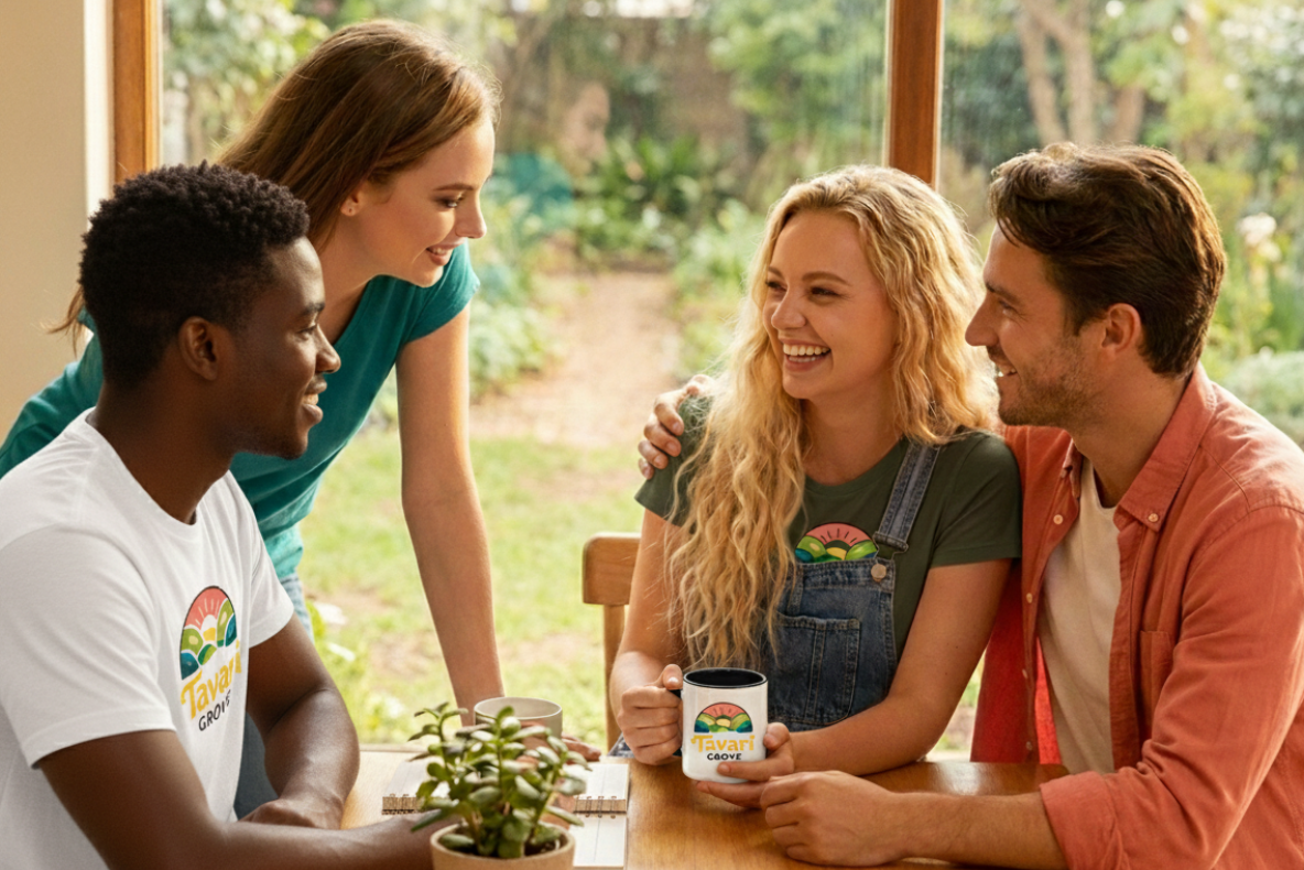 Four friends sitting around a table, smiling and enjoying each other's company.